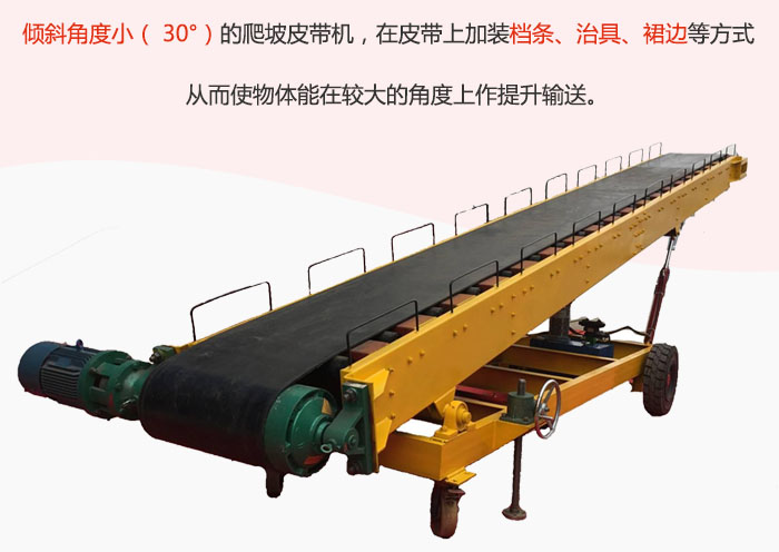 傾斜角度?。?30°）的爬坡皮帶機，在皮帶上加裝檔條、治具、裙邊等方式從而使物體能在較大的角度上作提升輸送。