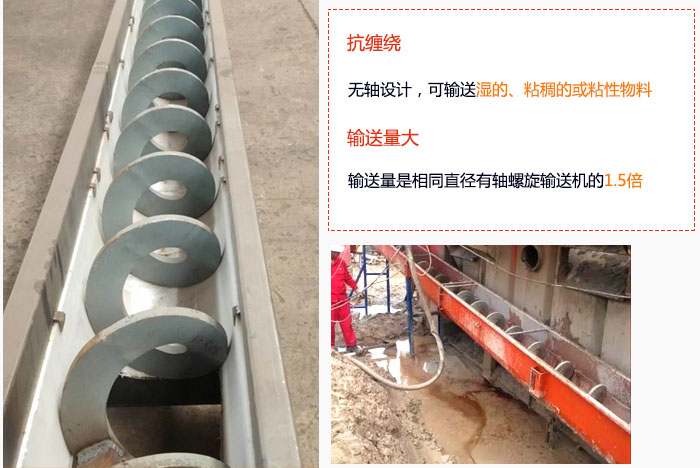 WLS無軸螺旋輸送機(jī)輸送量大是相同直徑有軸螺旋輸送機(jī)的1.5倍，抗纏繞性好，無軸設(shè)計，可輸送濕的、粘稠的或粘性物料。